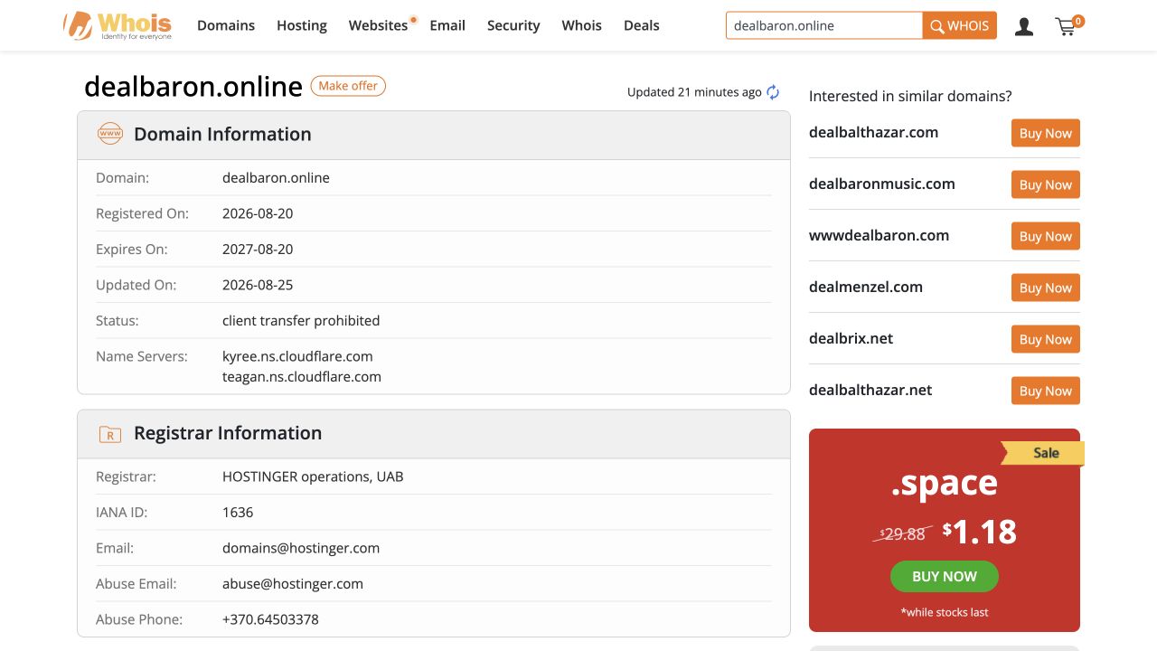 WHOIS domain information for dealbaron.online showing Registered On: 2026-08-20.