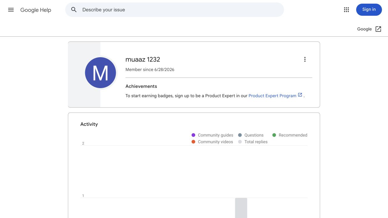 Google Help profile for muaaz 1232 showing Member since 6/28/2026.