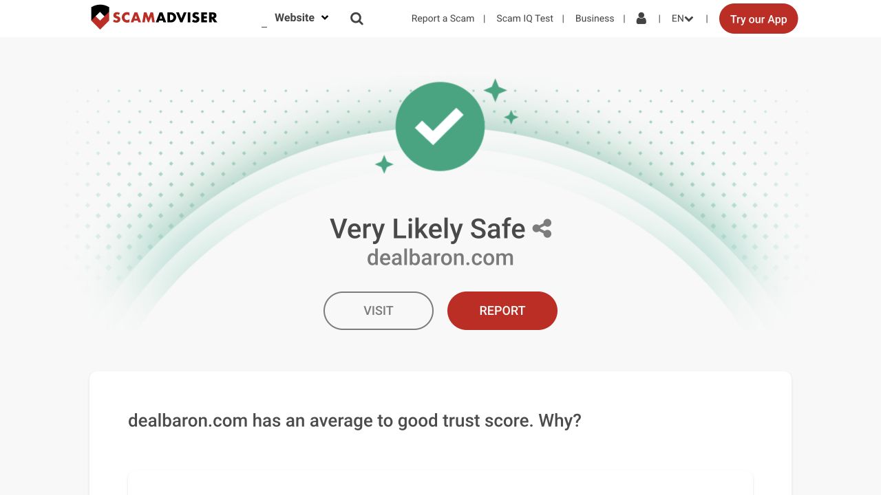 ScamAdviser assessment of dealbaron.com: Very Likely Safe.