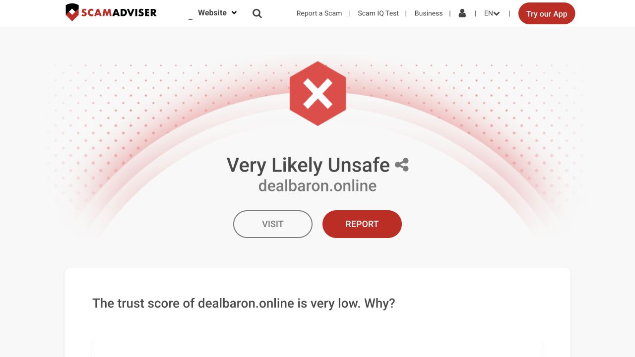 ScamAdviser assessment of the unrelated domain dealbaron.online: Very Likely Unsafe.