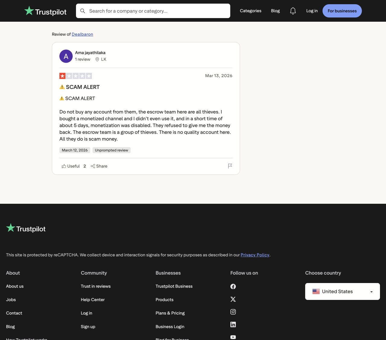 Trustpilot review by Ama jayathilaka, dated March 13, 2026, repeating the SCAM ALERT headline at the beginning of the review.