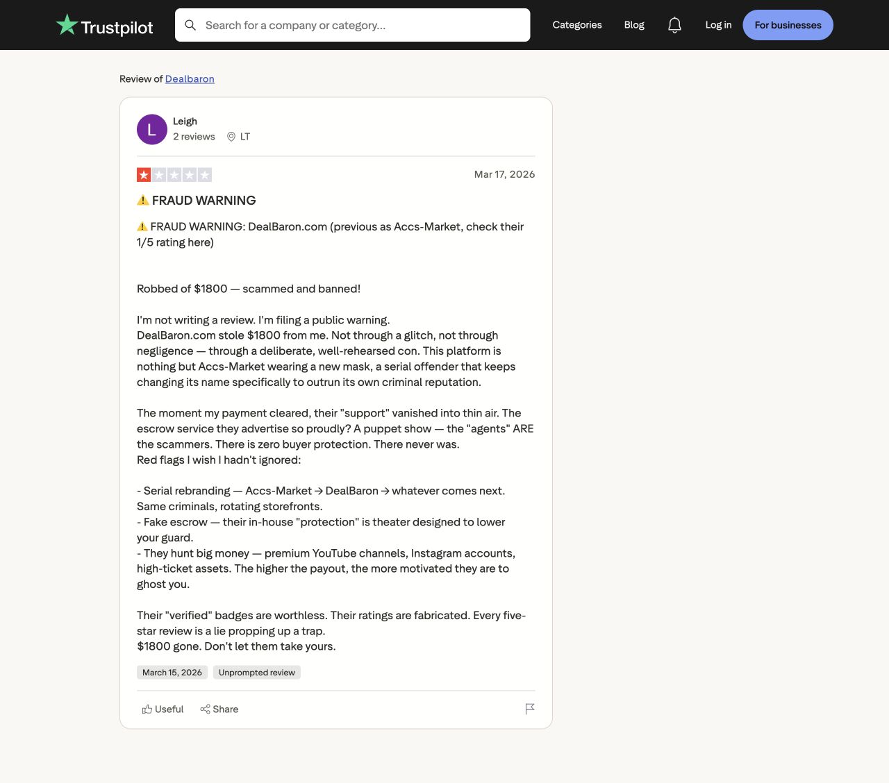 Trustpilot review by Leigh, dated March 17, 2026, headed FRAUD WARNING, with a separate Red flags I wish I hadn’t ignored section.