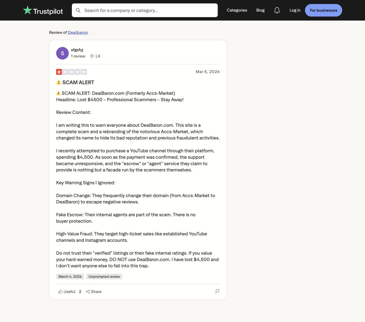 Trustpilot review by sfgsfyj, dated March 5, 2026, headed SCAM ALERT, with a separate Key Warning Signs I Ignored section.