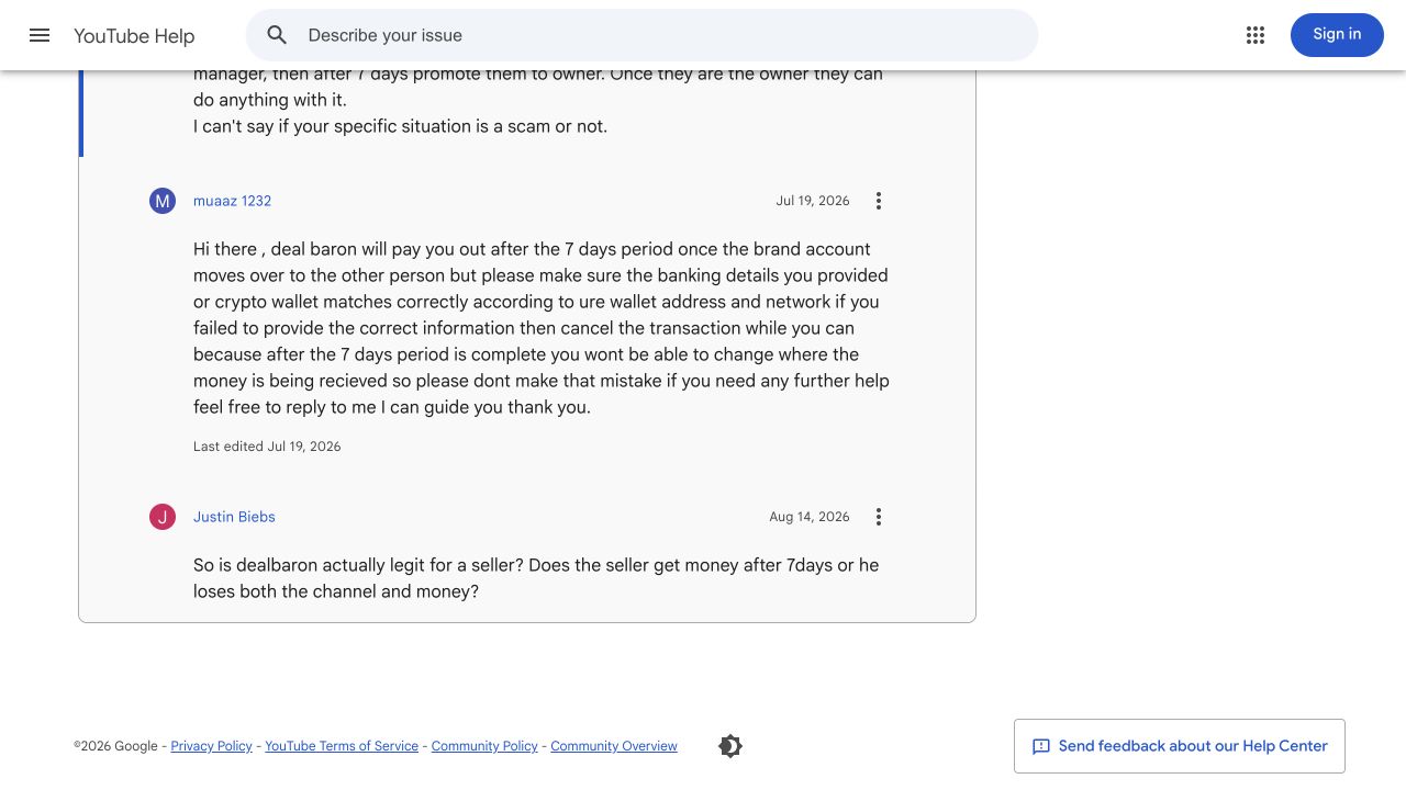 The July 19 reply explaining that DealBaron pays after the channel transfer and advising the seller to check their payment details.